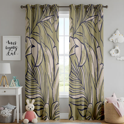 Onay Olive Green Abstract Tropical Curtains – Modern Leaf Line Art Drapes