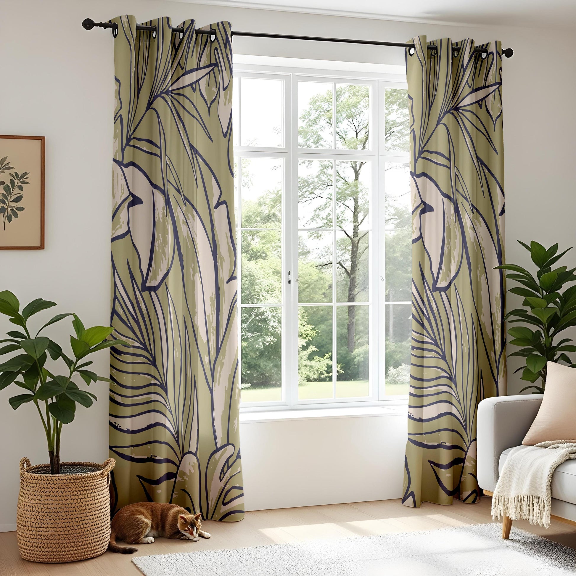 Onay Olive Green Abstract Tropical Curtains – Modern Leaf Line Art Drapes