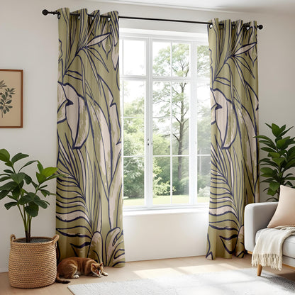 Onay Olive Green Abstract Tropical Curtains – Modern Leaf Line Art Drapes