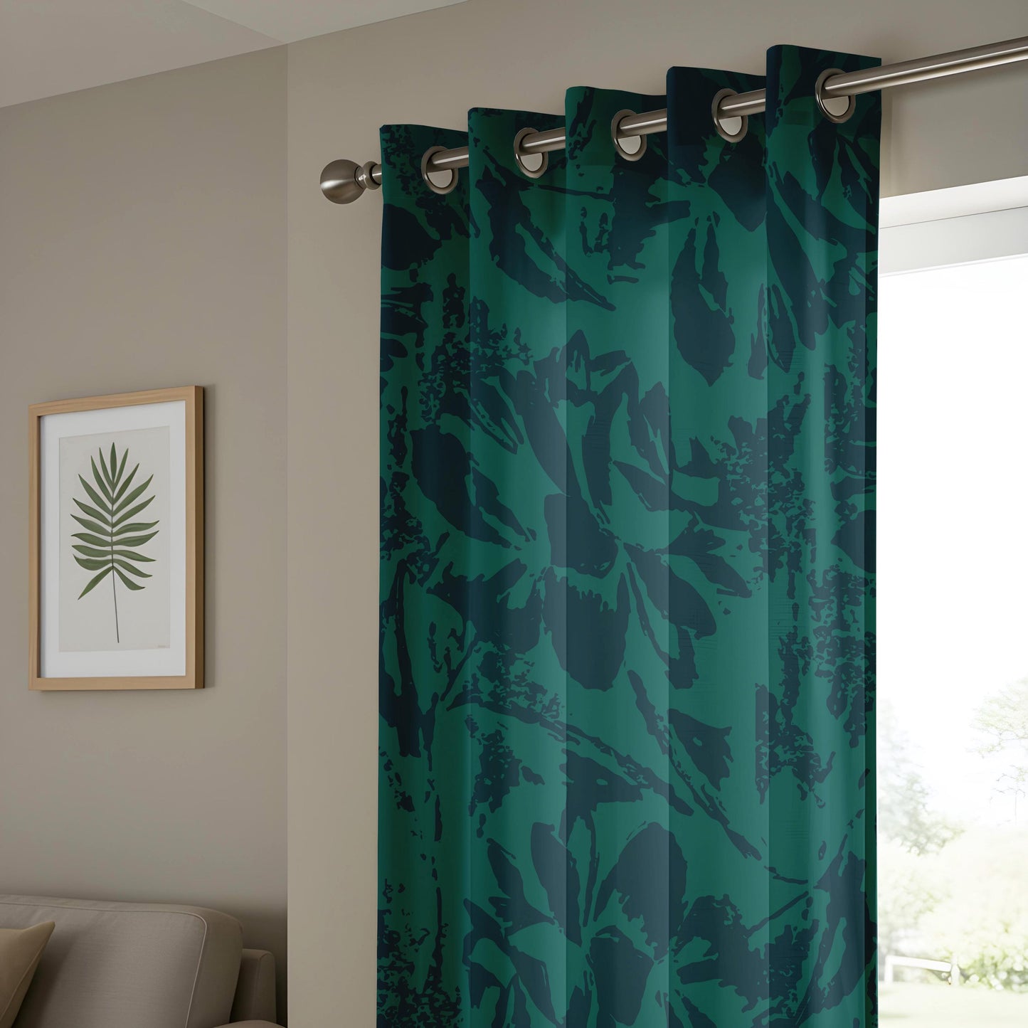 Onay Dark Emerald Green Abstract Floral Curtains – Moody Shadow Leaf Drapes