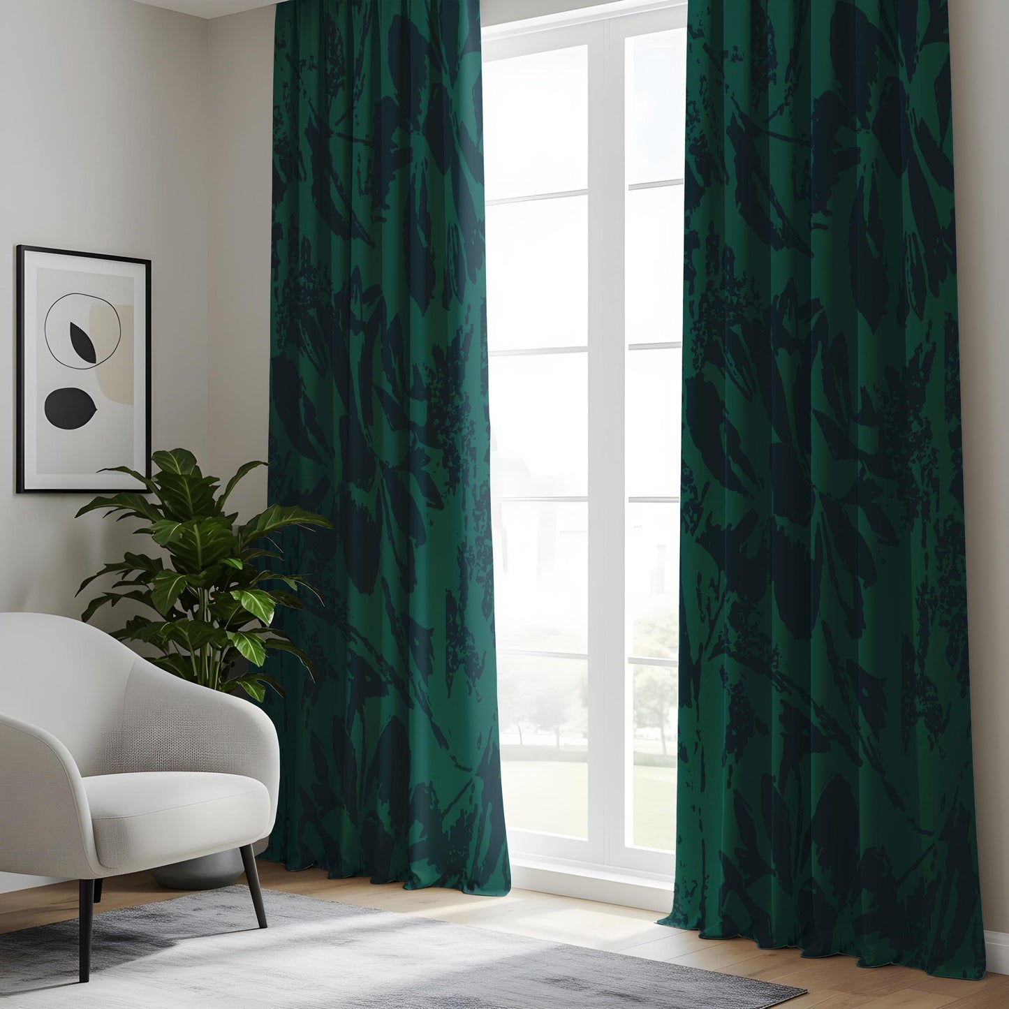 Onay Dark Emerald Green Abstract Floral Curtains – Moody Shadow Leaf Drapes