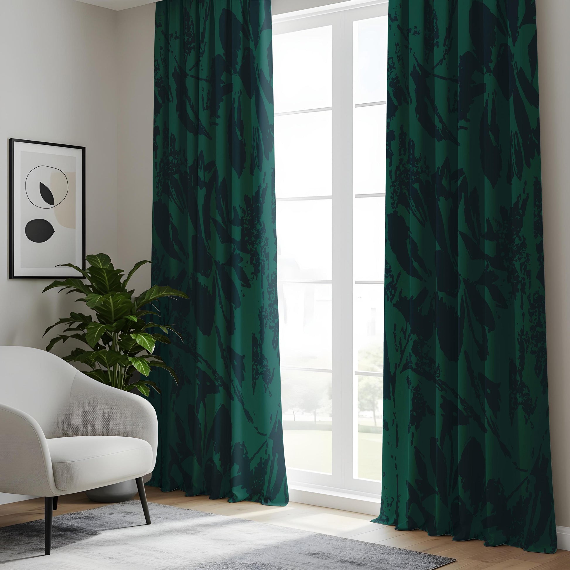 Onay Dark Emerald Green Abstract Floral Curtains – Moody Shadow Leaf Drapes