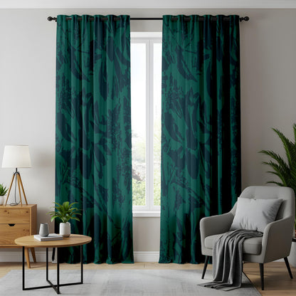 Onay Dark Emerald Green Abstract Floral Curtains – Moody Shadow Leaf Drapes