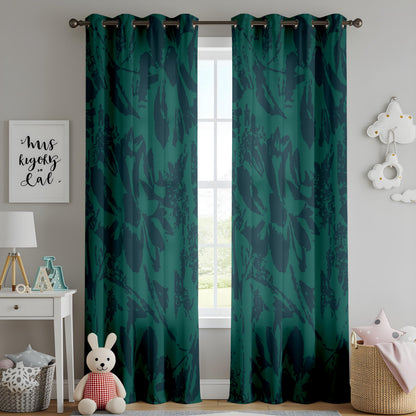 Onay Dark Emerald Green Abstract Floral Curtains – Moody Shadow Leaf Drapes