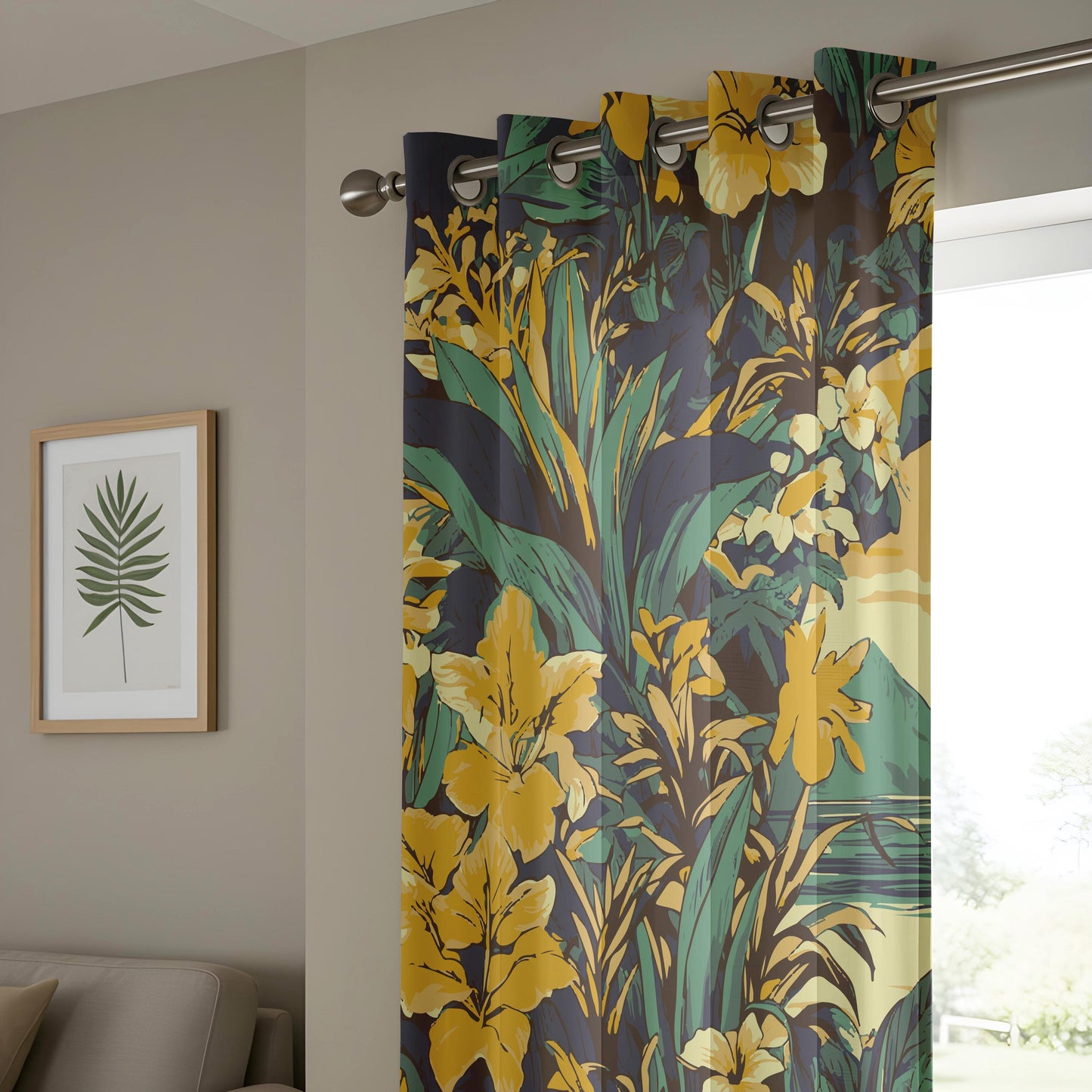 Onay Mustard Yellow Floral Curtains – Dark Green Botanical Drapes