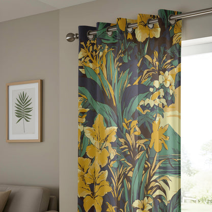 Onay Mustard Yellow Floral Curtains – Dark Green Botanical Drapes