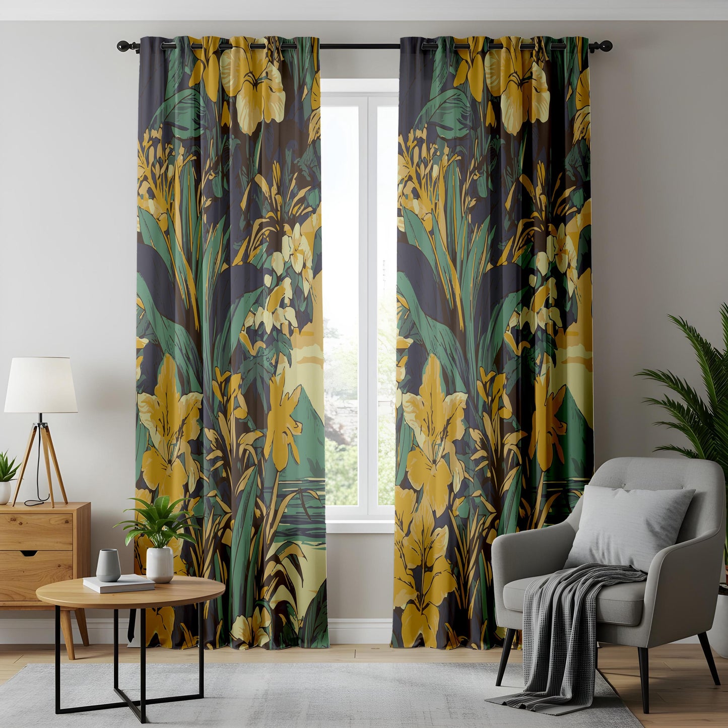 Onay Mustard Yellow Floral Curtains – Dark Green Botanical Drapes