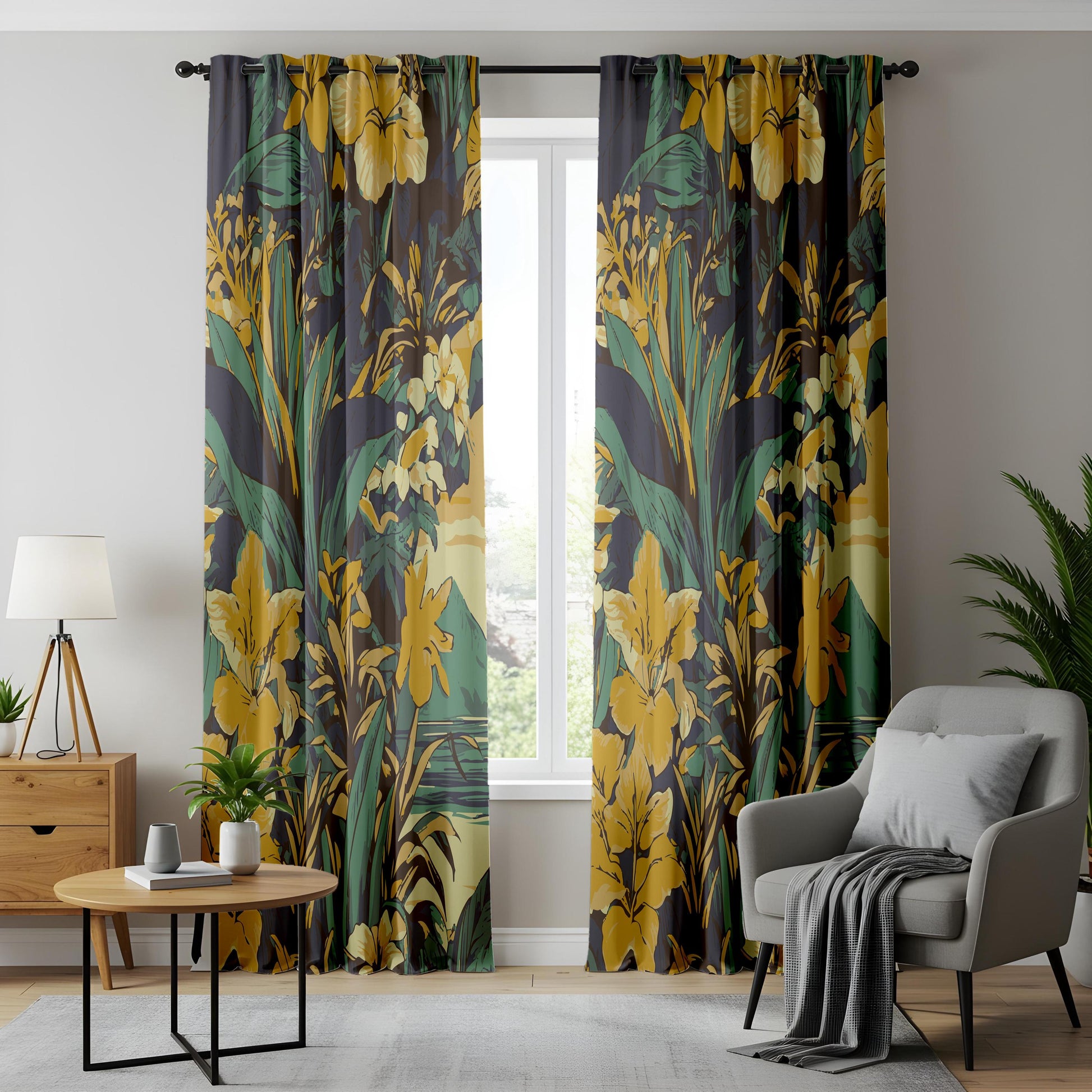 Onay Mustard Yellow Floral Curtains – Dark Green Botanical Drapes