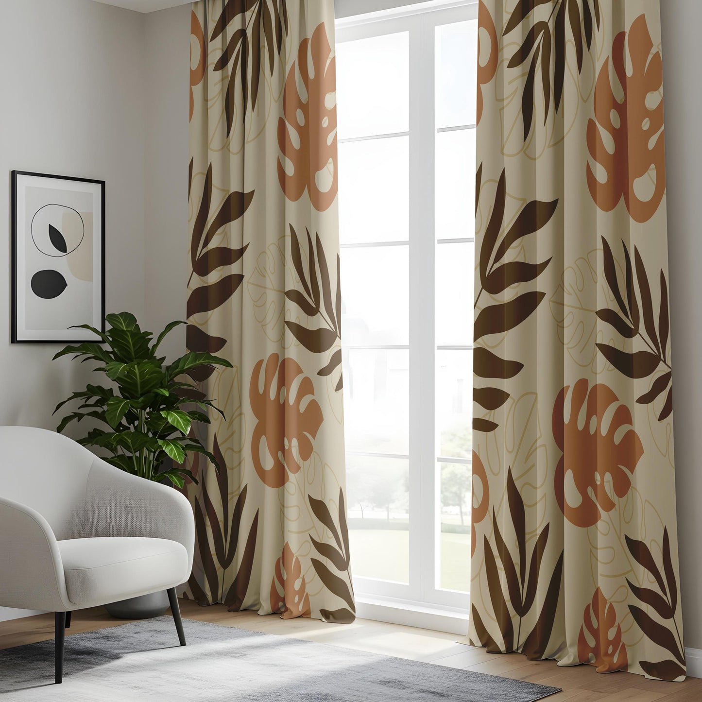 Onay Terracotta Brown Tropical Leaf Curtains – Boho Abstract Monstera Drapes