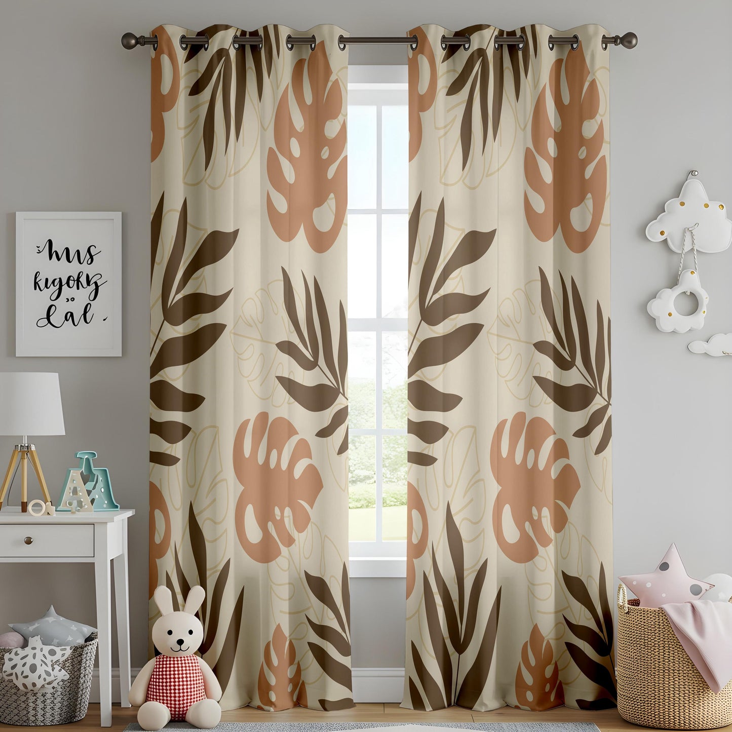 Onay Terracotta Brown Tropical Leaf Curtains – Boho Abstract Monstera Drapes