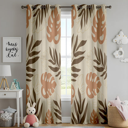 Onay Terracotta Brown Tropical Leaf Curtains – Boho Abstract Monstera Drapes