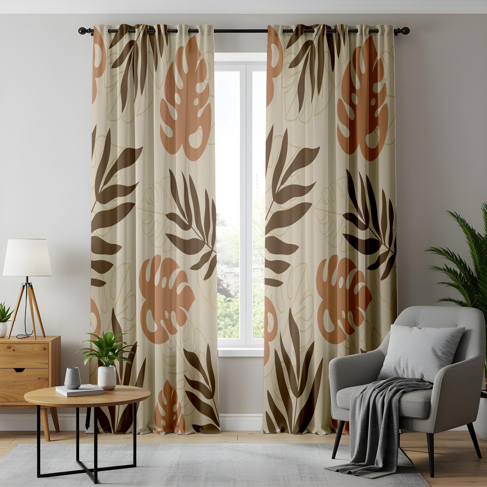 Onay Terracotta Brown Tropical Leaf Curtains – Boho Abstract Monstera Drapes
