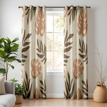 Onay Terracotta Brown Tropical Leaf Curtains – Boho Abstract Monstera Drapes