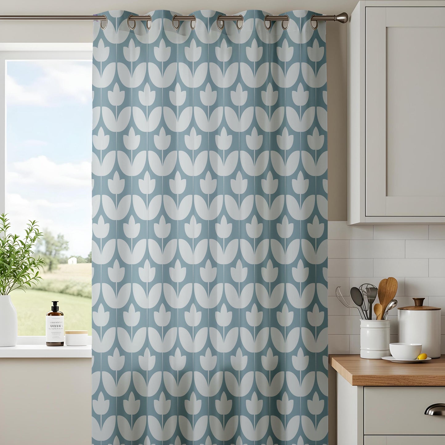 Onay Dusty Blue Geometric Tulip Curtains – Mid Century Modern Scallop Drapes