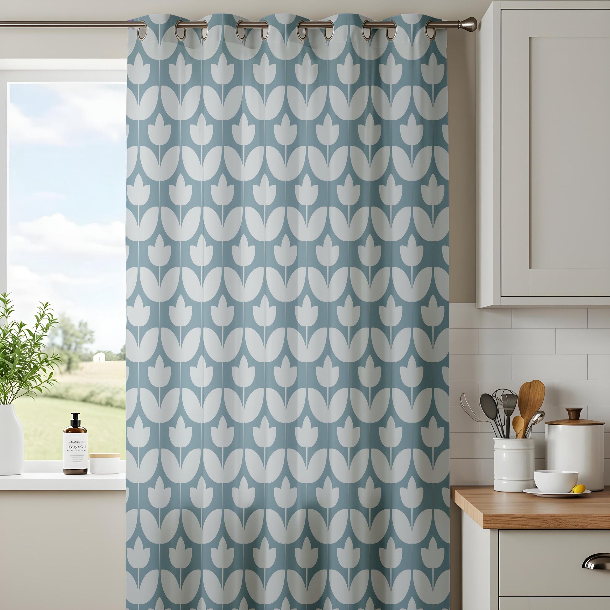 Onay Dusty Blue Geometric Tulip Curtains – Mid Century Modern Scallop Drapes