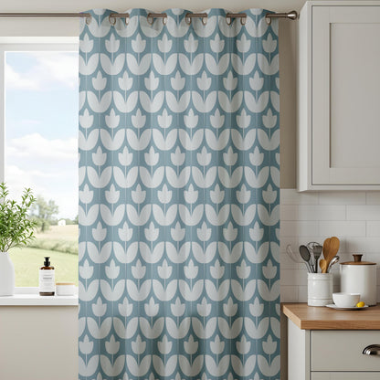 Onay Dusty Blue Geometric Tulip Curtains – Mid Century Modern Scallop Drapes