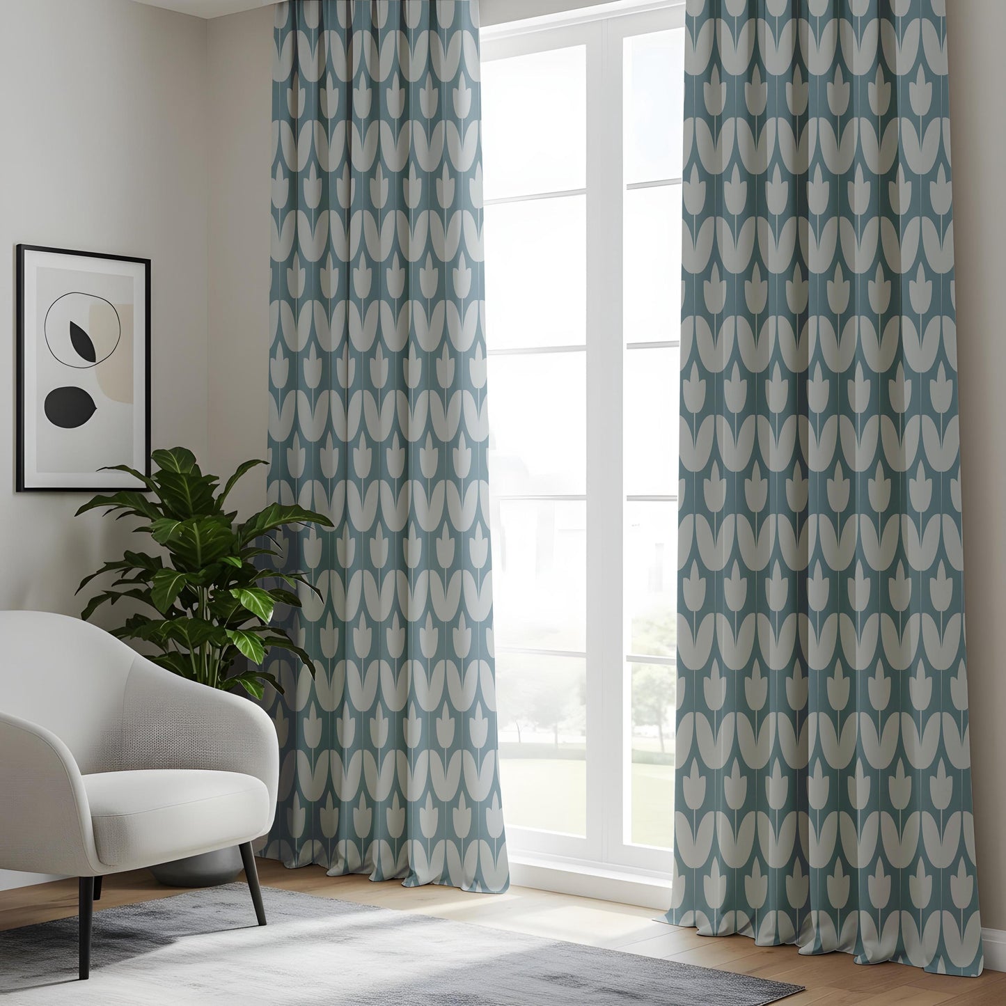 Onay Dusty Blue Geometric Tulip Curtains – Mid Century Modern Scallop Drapes