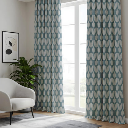 Onay Dusty Blue Geometric Tulip Curtains – Mid Century Modern Scallop Drapes