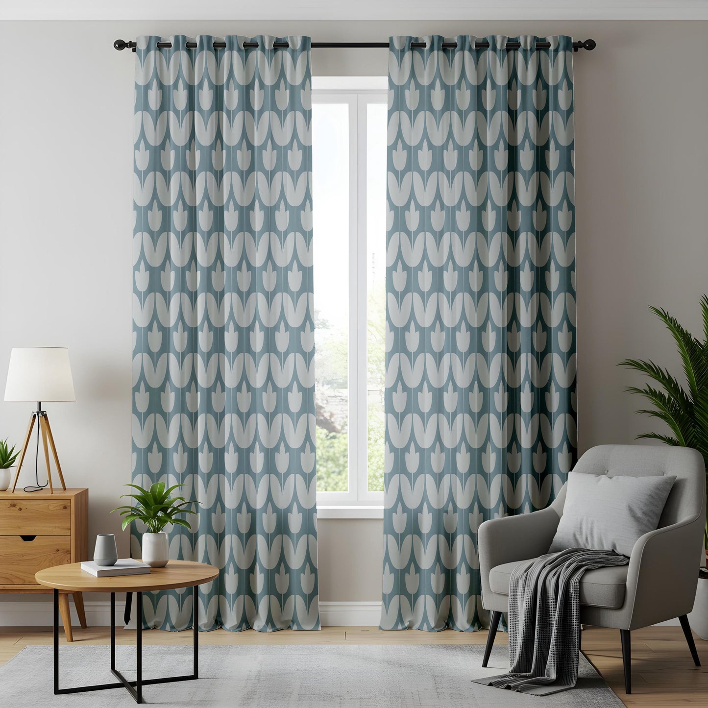 Onay Dusty Blue Geometric Tulip Curtains – Mid Century Modern Scallop Drapes