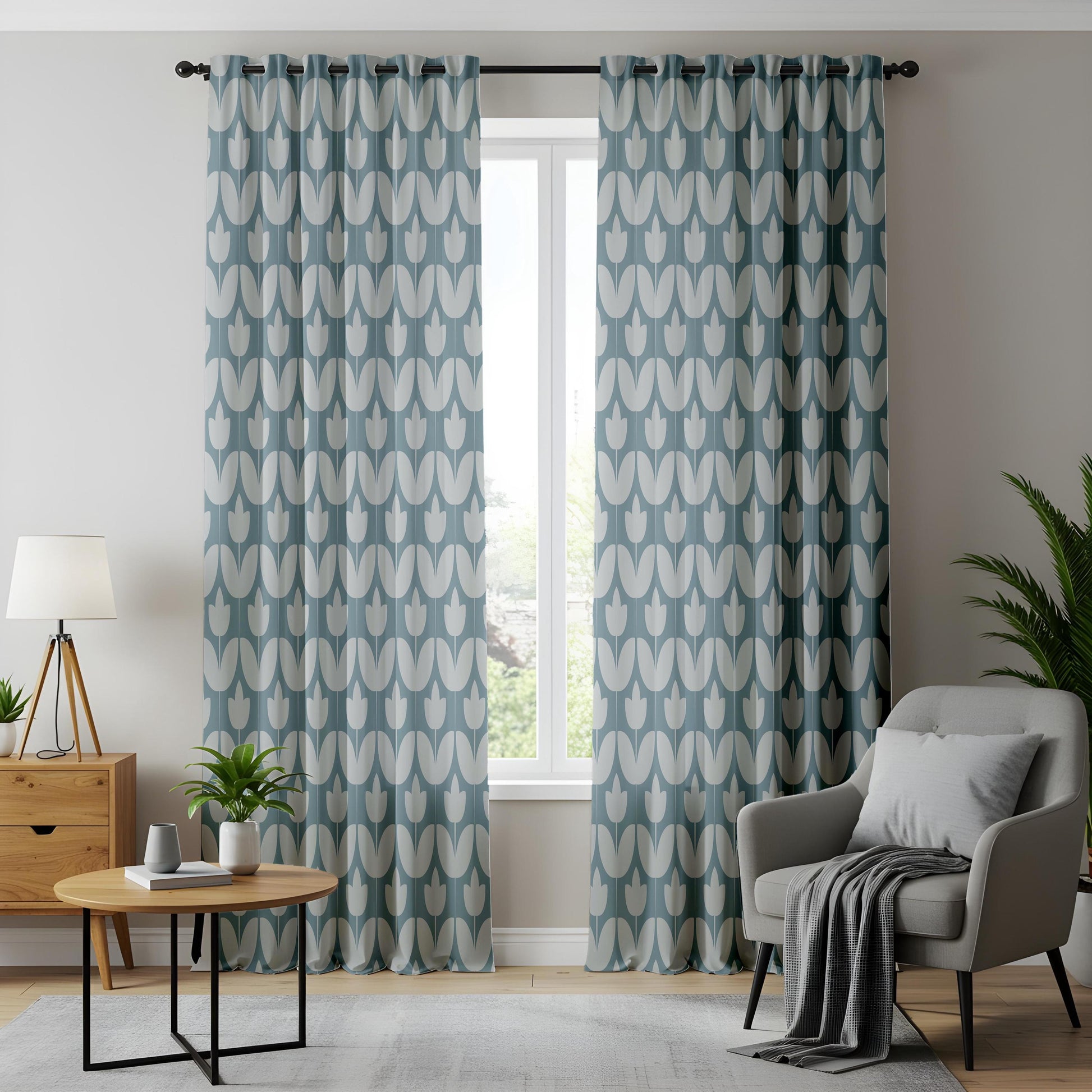 Onay Dusty Blue Geometric Tulip Curtains – Mid Century Modern Scallop Drapes