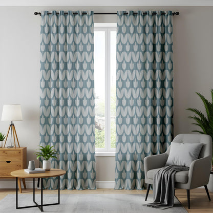 Onay Dusty Blue Geometric Tulip Curtains – Mid Century Modern Scallop Drapes