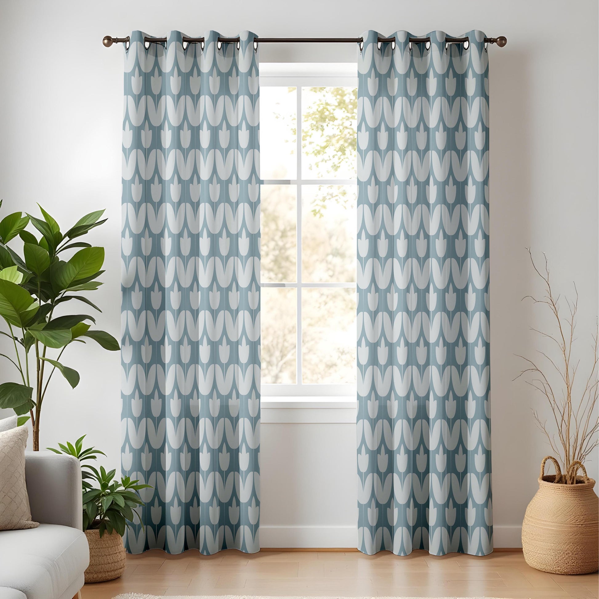 Onay Dusty Blue Geometric Tulip Curtains – Mid Century Modern Scallop Drapes