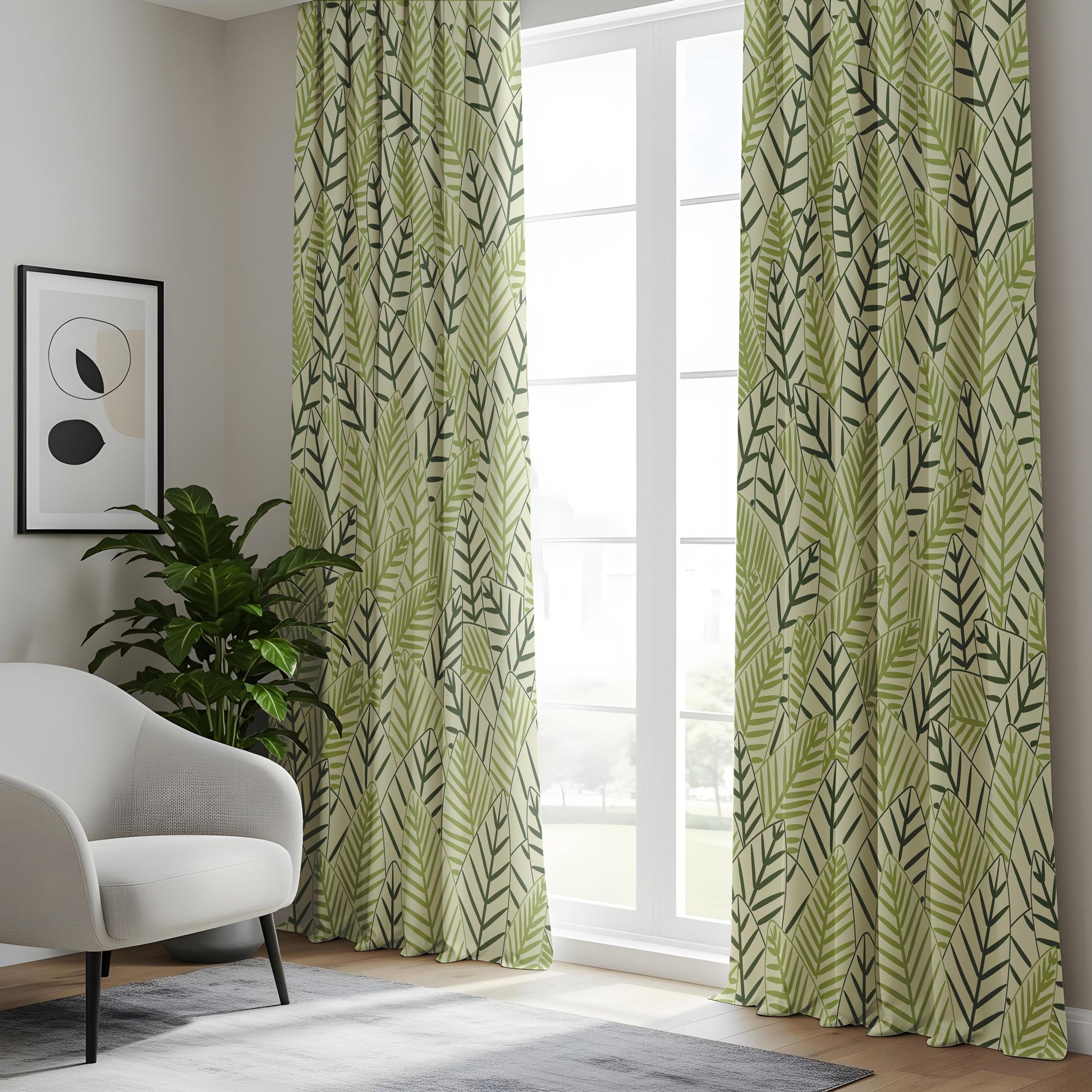Onay Sage Green Geometric Leaf Curtains – Modern Scandi Fern Drapes