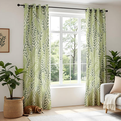 Onay Sage Green Geometric Leaf Curtains – Modern Scandi Fern Drapes