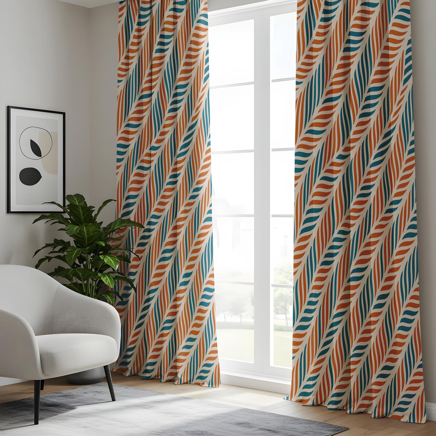 Onay Retro Rust Teal Geometric Curtains – Mid Century Modern Leaf Drapes