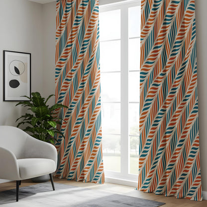 Onay Retro Rust Teal Geometric Curtains – Mid Century Modern Leaf Drapes