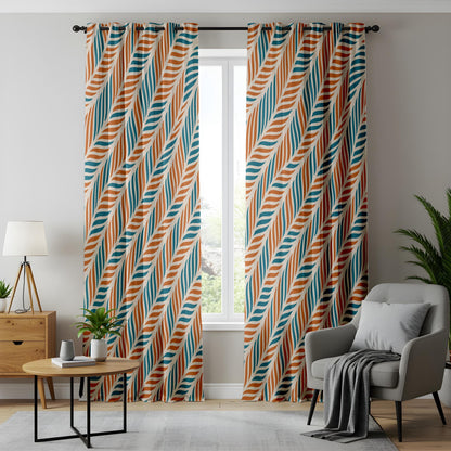 Onay Retro Rust Teal Geometric Curtains – Mid Century Modern Leaf Drapes