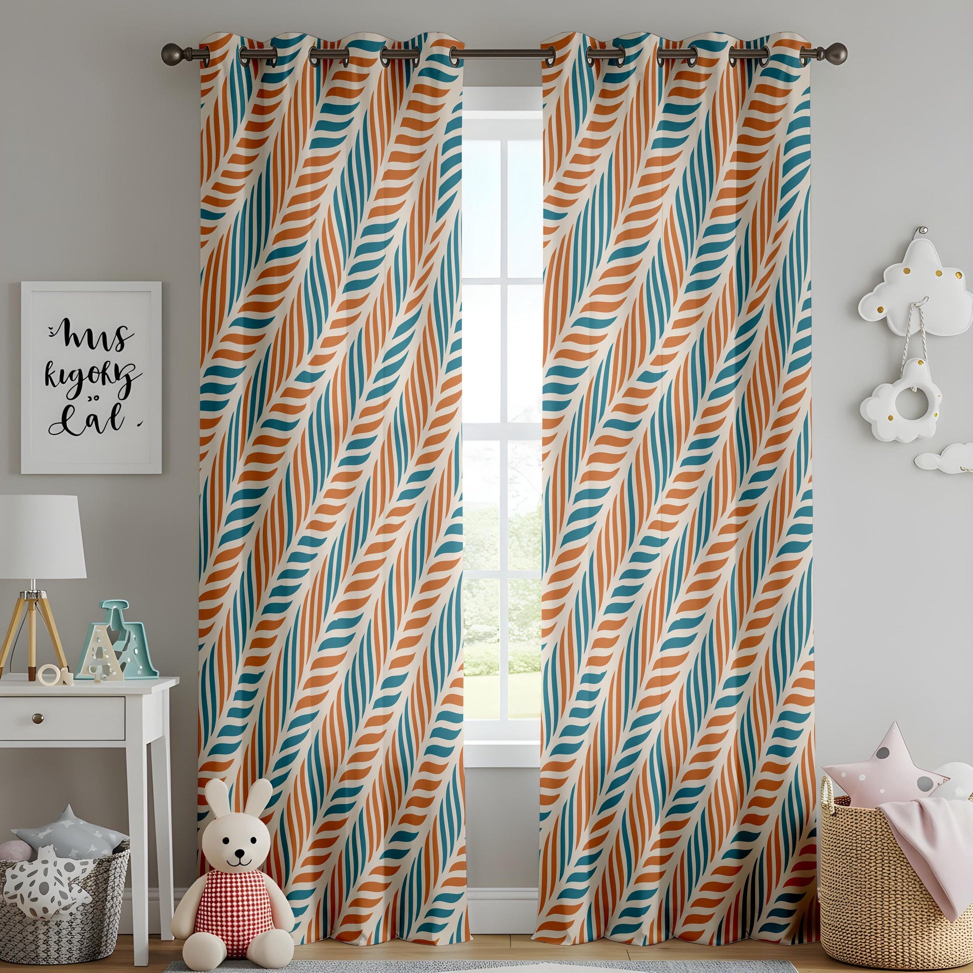 Onay Retro Rust Teal Geometric Curtains – Mid Century Modern Leaf Drapes