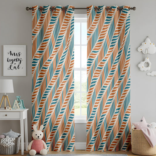 Onay Retro Rust Teal Geometric Curtains – Mid Century Modern Leaf Drapes