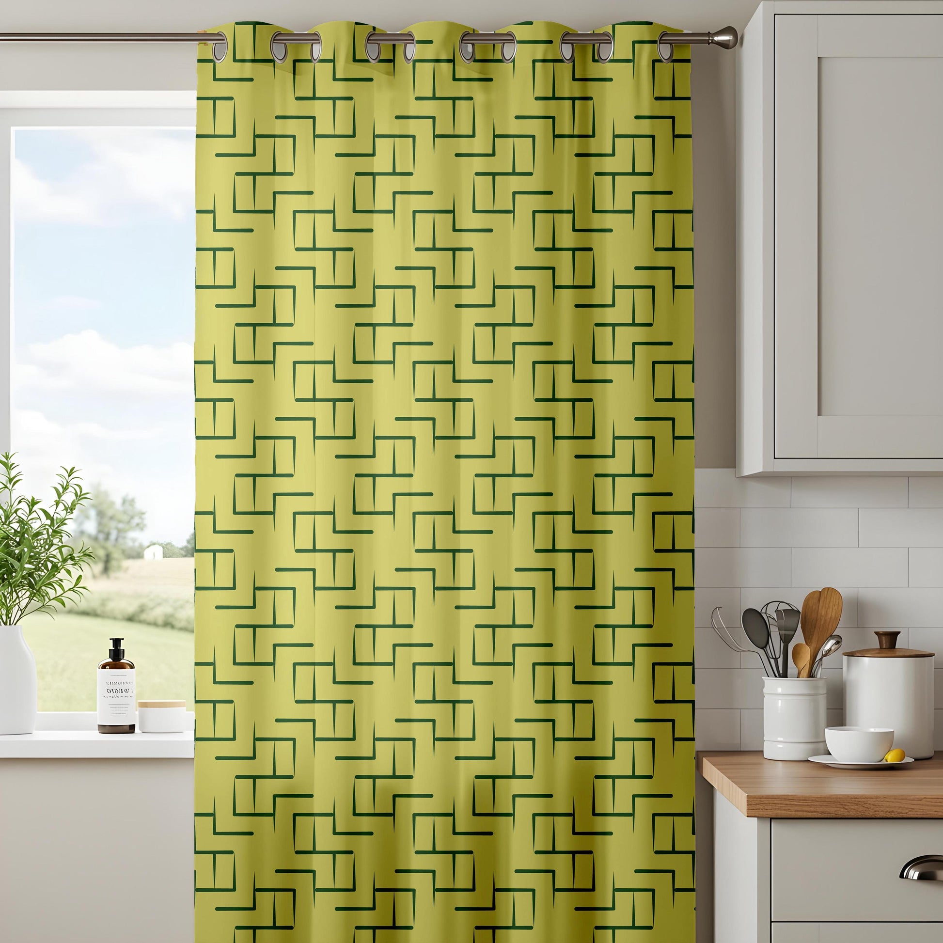Onay Chartreuse Green Geometric Curtains – Mid Century Modern Maze Drapes