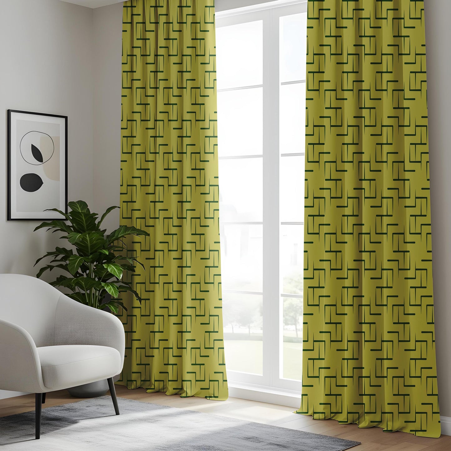 Onay Chartreuse Green Geometric Curtains – Mid Century Modern Maze Drapes
