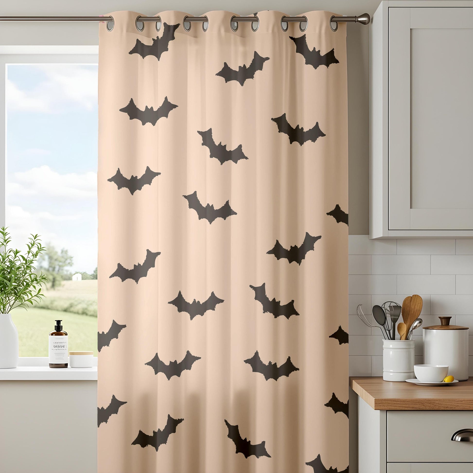 Onay Beige Bat Halloween Curtains – Minimalist Spooky Bat Drapes