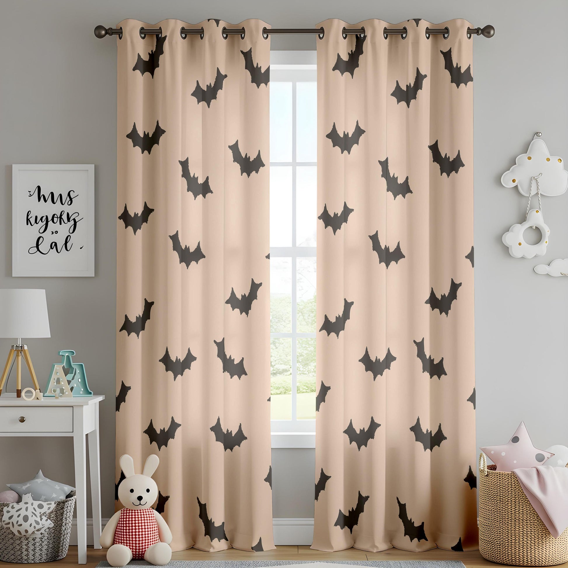 Onay Beige Bat Halloween Curtains – Minimalist Spooky Bat Drapes