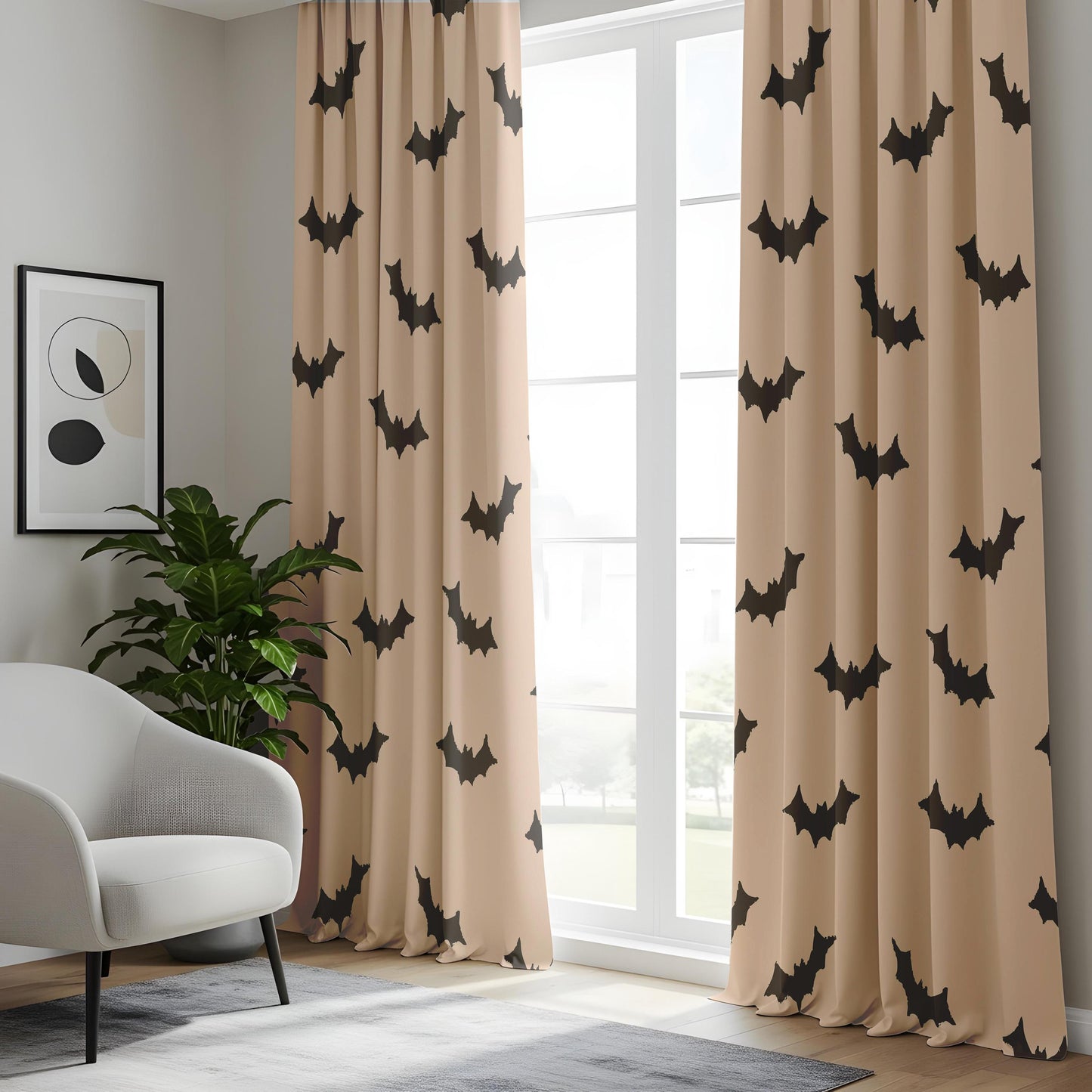 Onay Beige Bat Halloween Curtains – Minimalist Spooky Bat Drapes