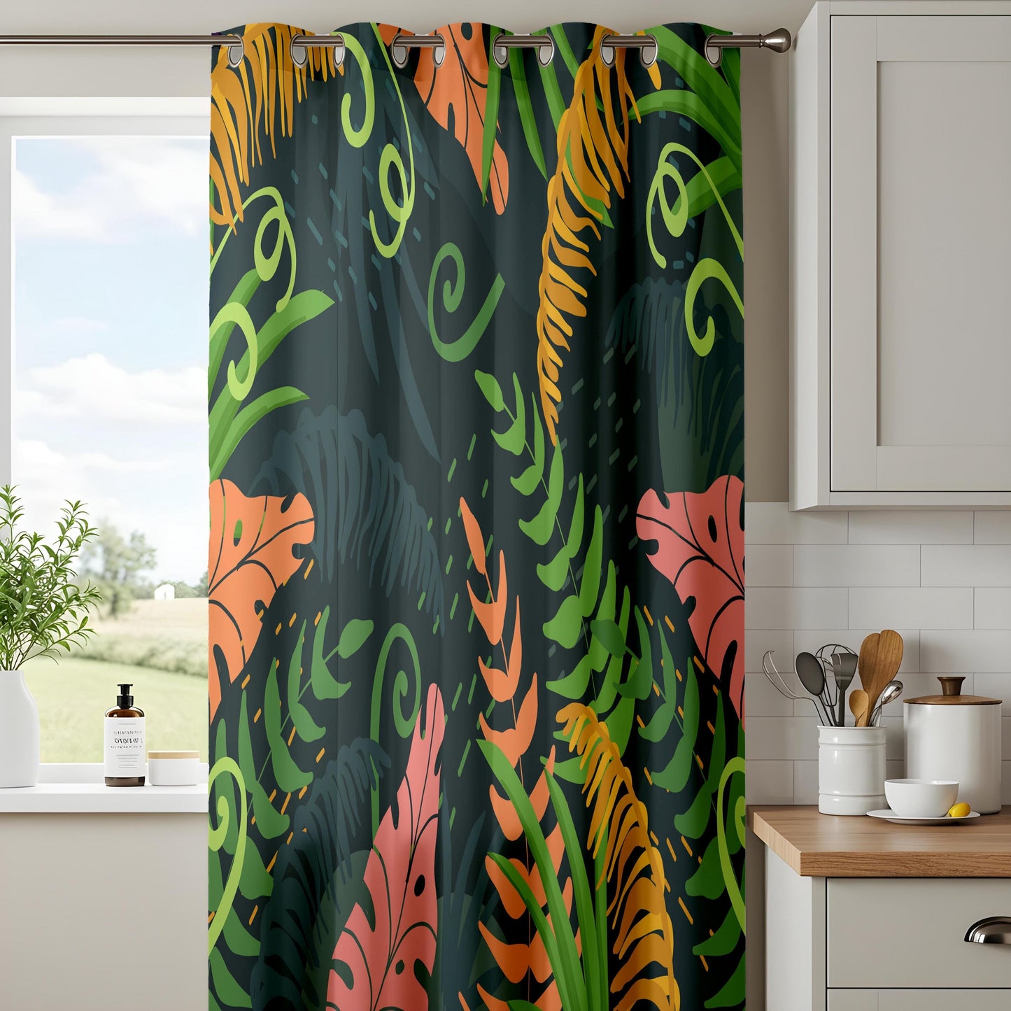 Onay Dark Abstract Tropical Curtains – Colorful Jungle Leaf Drapes