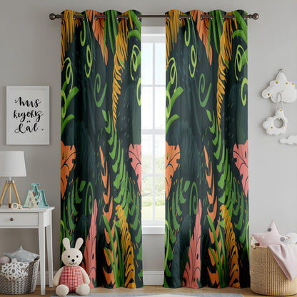 Onay Dark Abstract Tropical Curtains – Colorful Jungle Leaf Drapes