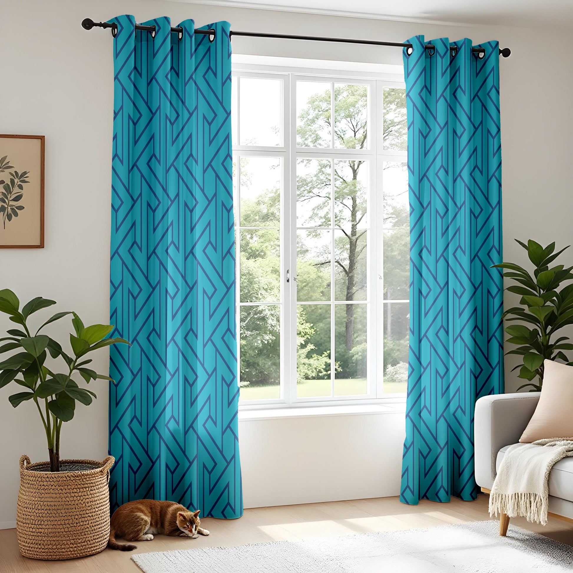 Onay Turquoise Blue Geometric Curtains – Modern Maze Pattern Drapes