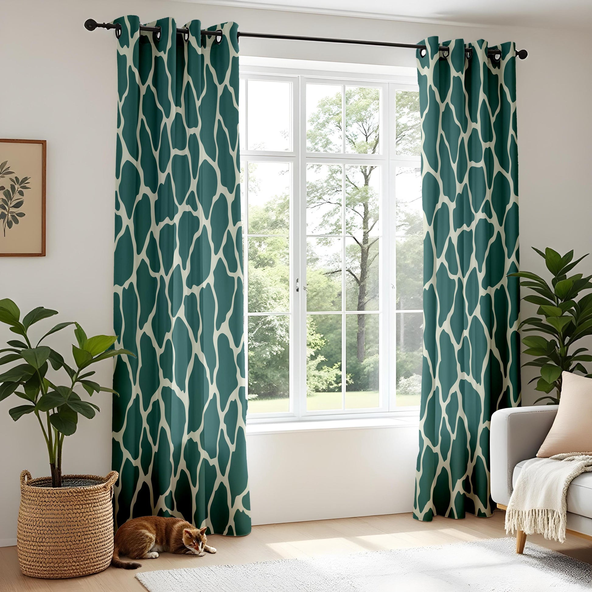 Onay Teal Green Giraffe Print Curtains – Abstract Animal Skin Drapes