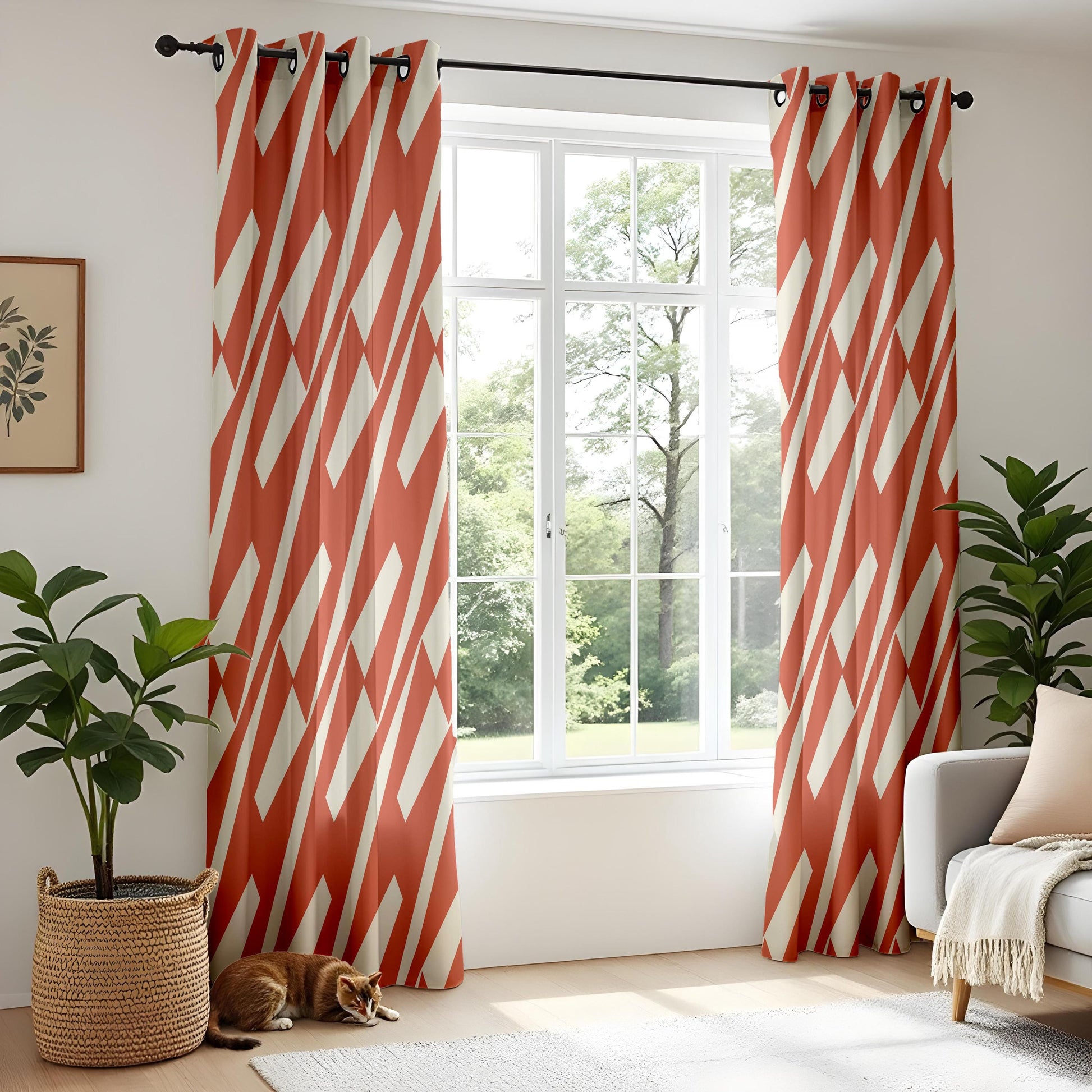 Onay Rust Orange Geometric Curtains – Modern Abstract Diagonal Drapes