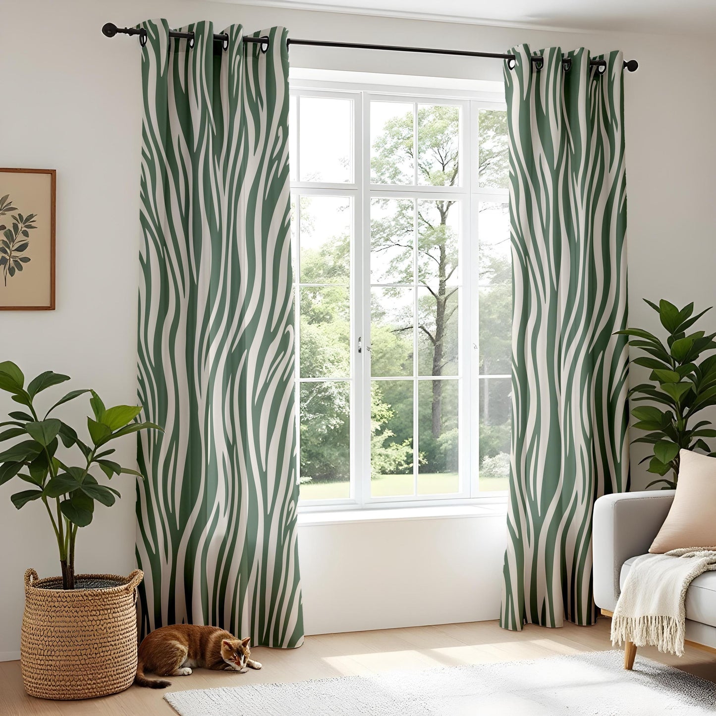 Onay Dark Green Zebra Print Curtains – Abstract Safari Animal Drapes