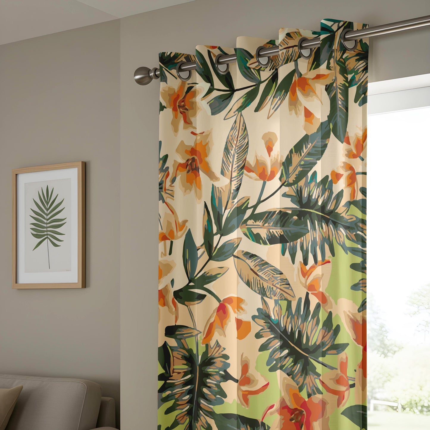 Onay Beige Orange Tropical Floral Curtains – Watercolor Palm Leaf Drapes