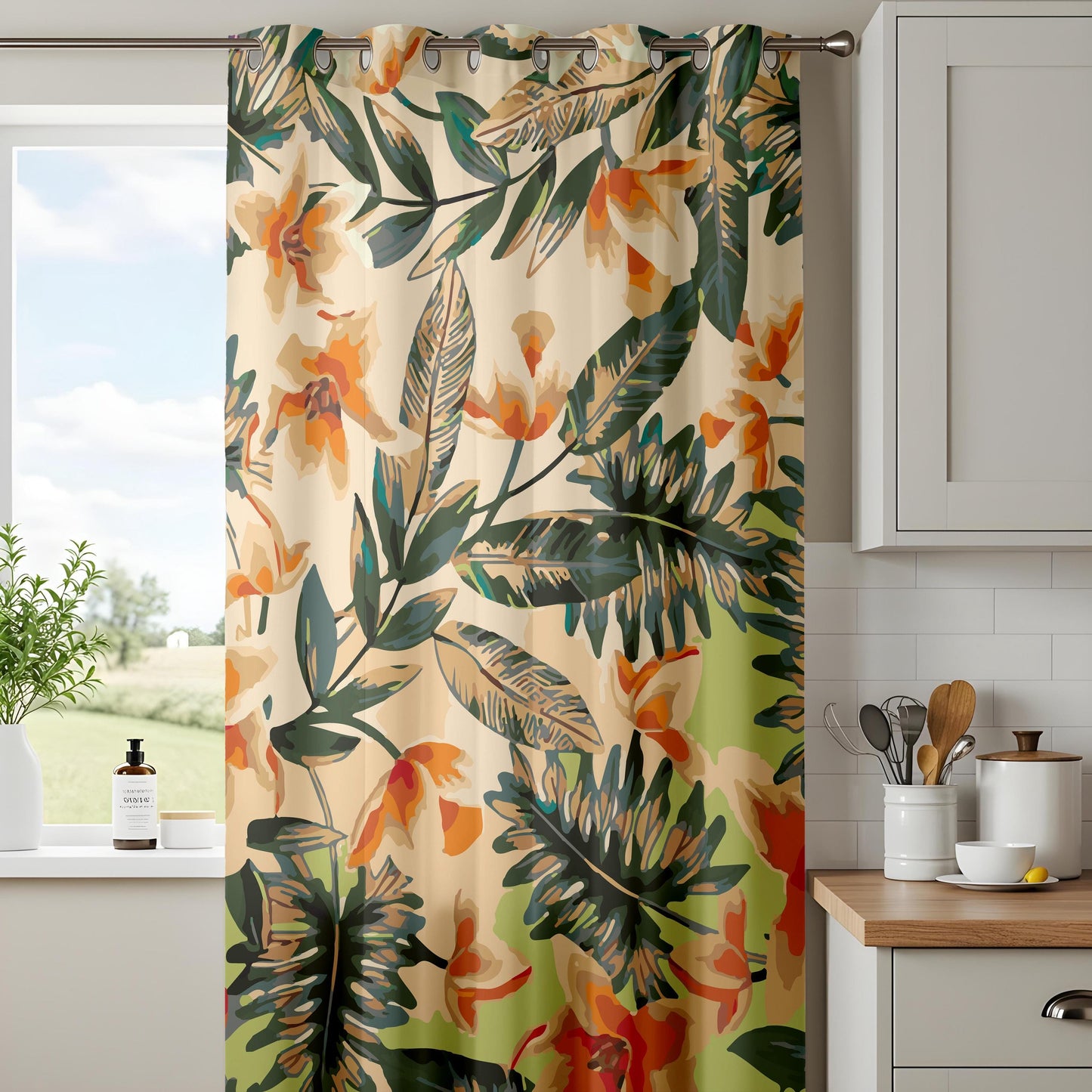 Onay Beige Orange Tropical Floral Curtains – Watercolor Palm Leaf Drapes