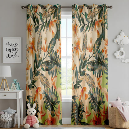 Onay Beige Orange Tropical Floral Curtains – Watercolor Palm Leaf Drapes