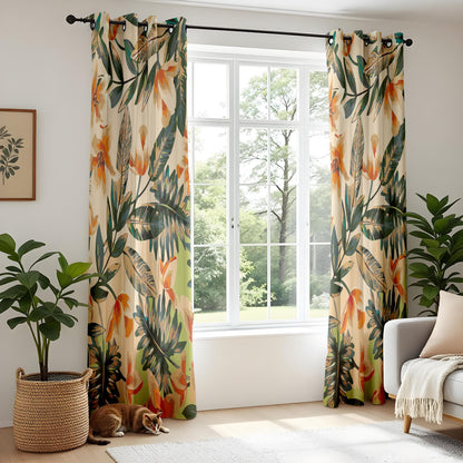 Onay Beige Orange Tropical Floral Curtains – Watercolor Palm Leaf Drapes