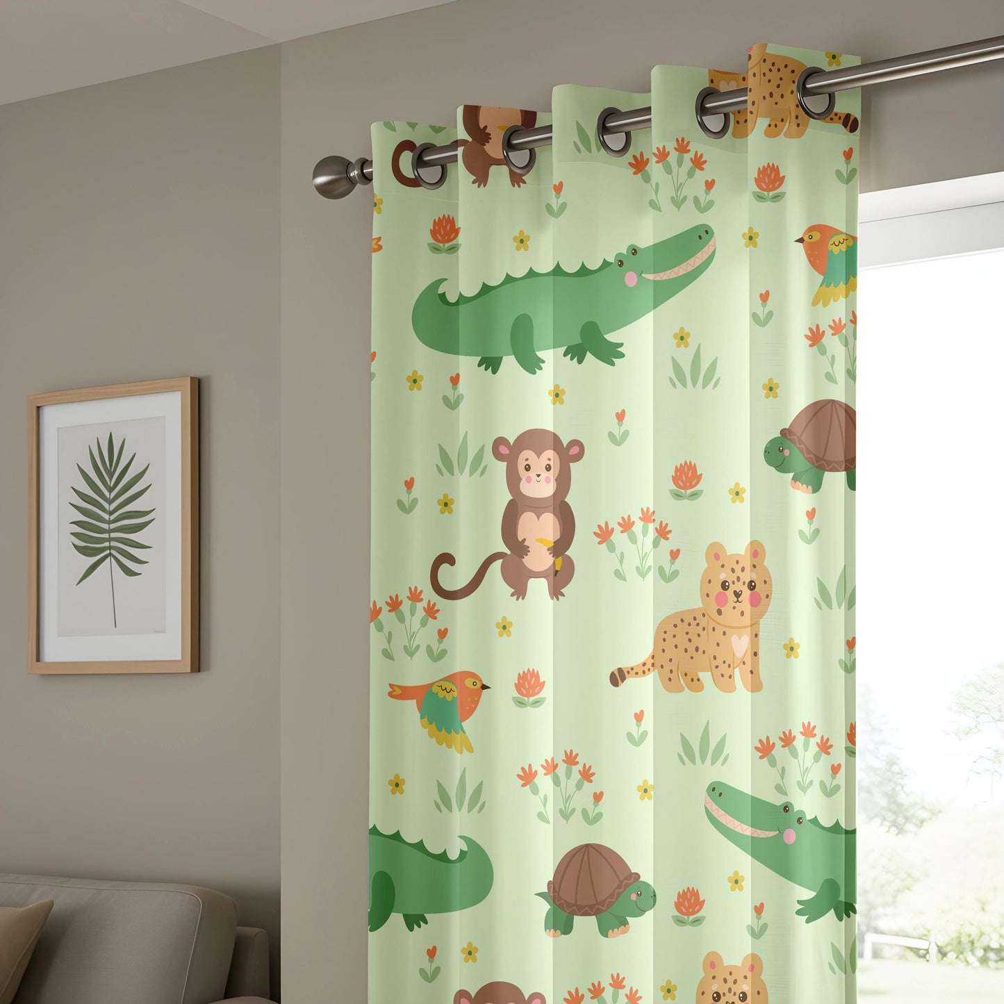 Onay Mint Green Jungle Animal Curtains – Monkey Crocodile Drapes