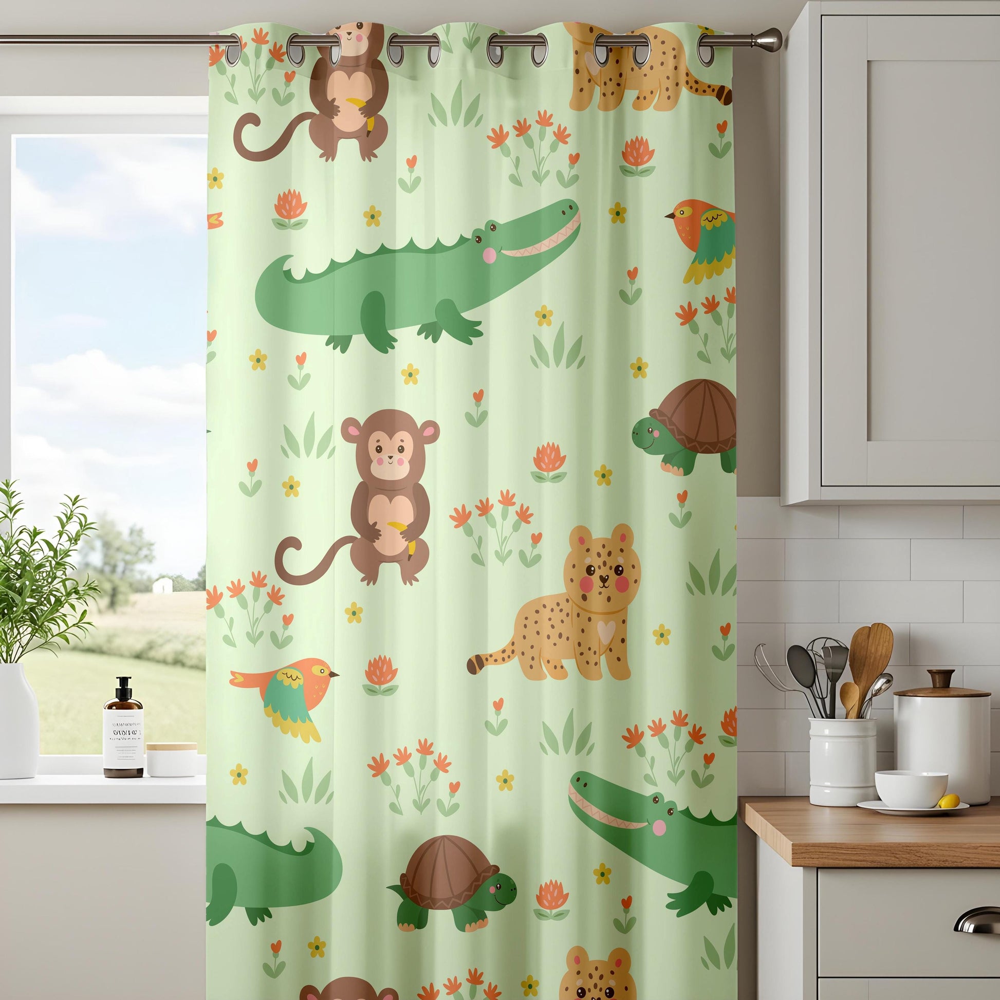 Onay Mint Green Jungle Animal Curtains – Monkey Crocodile Drapes